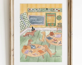 Dachshund Halloween School Watercolor Print, Whimsical Wiener Dog Fall Wall Art