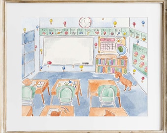 Dachshund School Watercolor Print, Whimsical Wiener Dog Classroom Wall Art