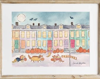 Dachshund Trick or Treat Watercolor Print, Whimsical Wiener Dog Halloween Wall Art