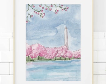 Washington Monument watercolor art print, Washington DC cherry blossoms painting, DC landmark illustration, travel painting, wedding gift