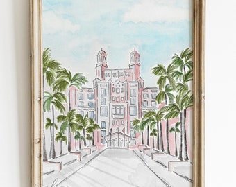 Pink Florida Hotel Art Print, Don CeSar Watercolor Painting