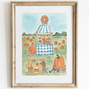 Dachshund Pumpkin Patch Watercolor Print, Wiener Dog Donut Stand Whimsical Painting