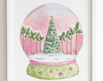 Tropical Christmas art print, pink watercolor snow globe painting, Florida Christmas illustration, pink Christmas decor, travel art print