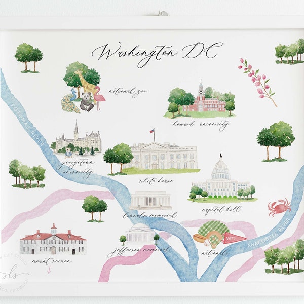 Mappa ad acquerello di Washington DC, arte della mappa della città di Washington DC, stampa di mappe illustrate ad acquerello, regalo di inaugurazione della casa, regalo di nozze, STAMPABILE