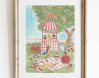 Dachshund Apple Orchard Watercolor Print, Whimsical Wiener Dog Painting
