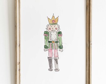 Arte de parede de quebra-nozes rosa e verde, pintura em aquarela de quebra-nozes para o feriado de Natal, decoração de feriado, ilustração fofa e caprichosa, PARA IMPRIMIR