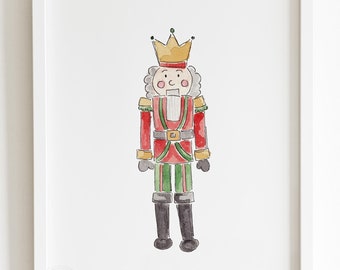 Red and green nutcracker art print, Christmas nutcracker holiday watercolor painting, holiday decor, cute whimsical illustration