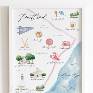 Impression de carte de Portland dans le Maine, carte illustrée de Portland, aquarelle de la ville, côte de la Nouvelle-Angleterre, décoration de bureau, impression de voyage, imprimable