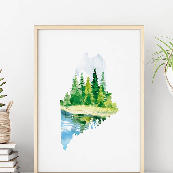 Maine watercolor art print, Maine watercolor painting, wedding gift, housewarming gift, Maine state art, landscape travel art print