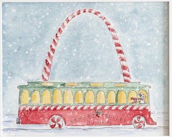 St Louis Christmas trolley art print, St Louis arch, watercolor St Louis Missouri, city skyline illustration, Christmas decor, holiday decor