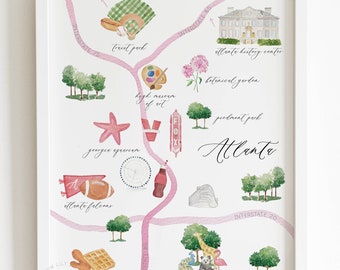 Impression de carte illustrée d'Atlanta en Géorgie, art de la carte aquarelle d'Atlanta, art de la ville d'Atlanta, art imprimable, cadeau de pendaison de crémaillère, cadeau de mariage