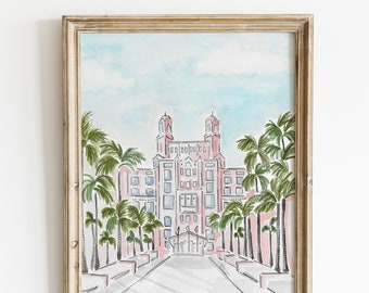 Pink Florida hotel watercolor painting, Don CeSar art print, travel lover gift, nursery decor, wedding venue illustration, pink art print