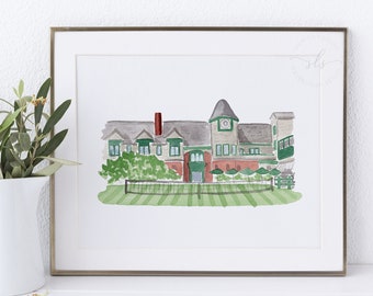 Tennis Hall of Fame art print, Newport Rhode Island, watercolor tennis, wedding venue portrait, sports art print, historic landmark painting