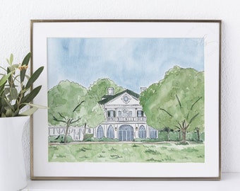 Lowndes Grove wedding venue portrait, watercolor Charleston art print, wedding gift, wedding venue illustration, South Carolina painting