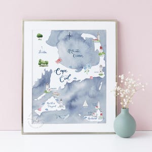 Cape Cod aquarel kaart afdrukken, geïllustreerde Nantucket & Marthas Vineyard kaart, afdrukbare kustkunst, nautische New England wanddecoratie