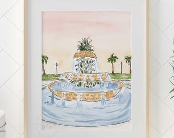 Pineapple Fountain Charleston art print, watercolor South Carolina sunset painting, Charleston SC wall art, Southern coastal decor