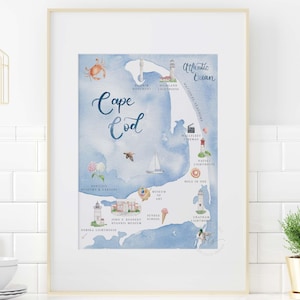 Mappa ad acquerello di Cape Cod Massachusetts, stampa artistica illustrata di Cape Cod, arte murale costiera STAMPABILE, arredamento per case sulla spiaggia, regalo di nozze