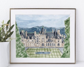 Watercolor Biltmore Estate art print, Asheville North Carolina, watercolor wedding venue portrait, Biltmore illustration, landmark painting