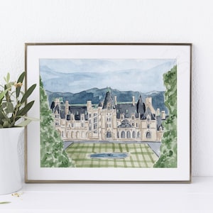 Watercolor Biltmore Estate art print, Asheville North Carolina, watercolor wedding venue portrait, Biltmore illustration, landmark painting