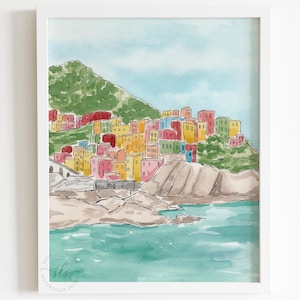 Cinque Terre printable wall art, Italy travel watercolor print of Manarola, colorful coastal village digital download decor