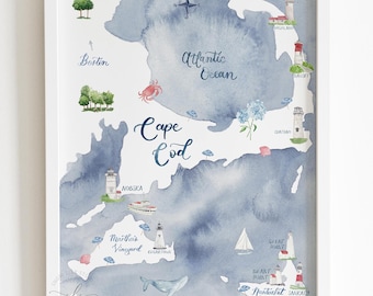 Watercolor Cape Cod map print, illustrated Nantucket & Marthas Vineyard map art, New England coastal wall decor, travel lover gift
