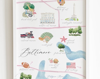 Baltimore watercolor map art, Maryland illustrated map print, watercolor map print, home city art print, wedding gift, housewarming gift
