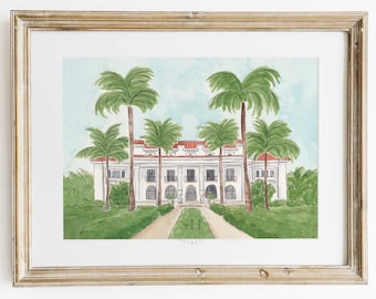 Flagler Museum Watercolor Print, Palm Beach Florida Wall Art, Coastal Travel Painting