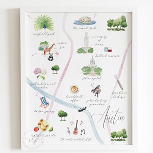 Austin Texas Karte, illustrierte Aquarell Karte, DRUCKBARE Wandkunst, Texas Zustand, Einweihungsgeschenk, Hochzeitsgeschenk, Austin Texas Karte