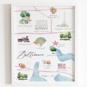 Baltimore Aquarell Karte Kunst, Maryland illustrierte Karte Druck, Aquarell Karte Druck, Heimatstadt Kunstdruck, Hochzeitsgeschenk, Einweihungsgeschenk