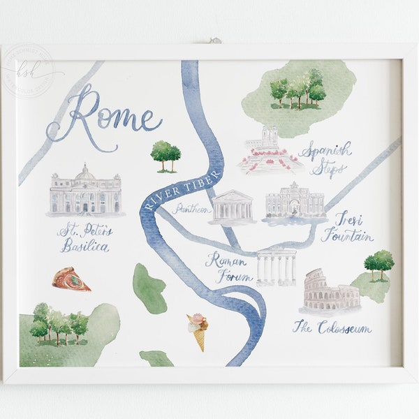 Rome Italy watercolor map print, illustrated map art, Rome Italy travel map print, watercolor illustrated map art, PRINTABLE wall art