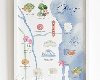 Impression de carte de Chicago Illinois, art de carte aquarelle de Chicago, carte de la ville illustrée, peinture à l'aquarelle, impression d'art de carte de Chicago Illinois, imprimable