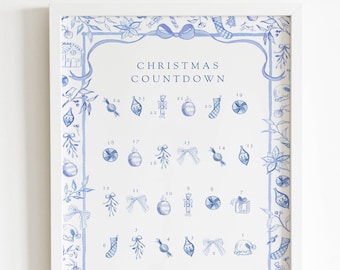 Chinoiserie Christmas advent calendar, cute Christmas countdown print, Christmas nutcracker advent calendar, blue watercolor holiday decor