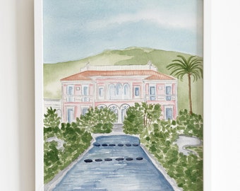 Pink French mansion watercolor painting, Villa de Rothschild art print, travel lover gift, girls nursery decor, wedding venue illustration