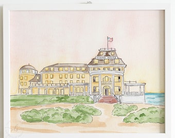 Ocean House hotel print, Rhode Island watercolor painting, wedding venue illustration, yellow hotel print, travel art print, wedding gift