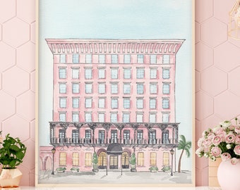 Mills House Charleston art print, pink hotel illustration, watercolor wedding venue portrait, South Carolina historic landmark painting