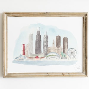 Chicago Skyline Aquarell Malerei, illustrierte Stadt Kunst, Chicago illustrierte Stadtbild Druck, Hochzeitsgeschenk, Abschlussgeschenk, PRINTABLE