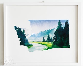 Washington watercolor art print, Washington state art print, watercolor landscape painting, housewarming gift, watercolor forest art print