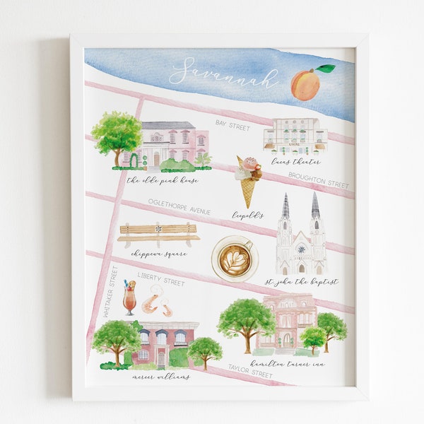 Savannah city art print, Savannah Georgia watercolor map art, watercolor illustrated map, housewarming gift, wedding gift, giclee art print