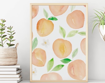 Summer peach print, kitchen decor, printable wall art, watercolor peaches, botanical