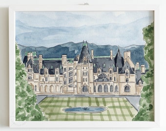 Biltmore Estate art print, Asheville North Carolina, watercolor wedding venue portrait, Biltmore illustration, historic landmark painting