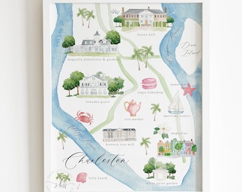 Charleston South Carolina map print, illustrated city map, Charleston watercolor map art print, watercolor painting, Charleston map art