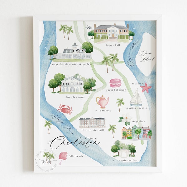 Charleston South Carolina map print, illustrated city map, Charleston watercolor map art print, watercolor painting, Charleston map art