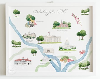 Art de carte de Washington DC, impression de carte aquarelle de Washington DC, carte illustrée de la ville, peinture à l'aquarelle, art de carte de Washington dc, imprimable