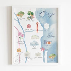 Aquarell illustrierte Karte von Chicago, illustrierte Stadtkunst, Chicago illustrierte Karte, Hochzeitsgeschenk, Abschlussgeschenk, DRUCKBARE Wandkunst