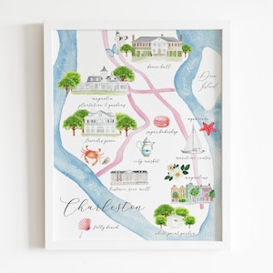 Charleston watercolor map print, Charleston city map art, fine art watercolor painting, illustrated city map, giclee art print, wedding gift