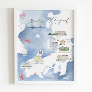 Impression de carte de Newport Rhode Island, art de carte illustré à l'aquarelle, décoration d'intérieur côtière, cadeau de pendaison de crémaillère, cadeau de mariage, carte de Newport imprimable