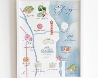 Carte illustrée à l'aquarelle de Chicago, art de la ville illustré, carte illustrée de Chicago, cadeau de mariage, cadeau de remise des diplômes, art mural IMPRIMABLE