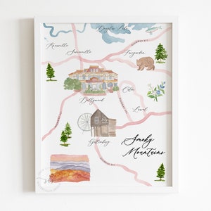 Impresión artística del mapa de las Grandes Montañas Humeantes, pintura de acuarela de parques nacionales, arte del mapa de Gatlinburg, Tennessee, ilustración de Dollywood, arte IMPRIMIBLE