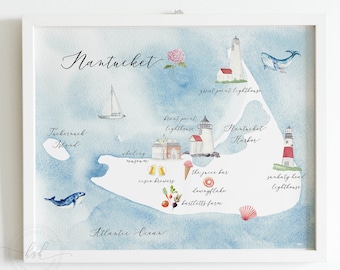 Nantucket illustrated map print, watercolor map print, Nantucket watercolor fine art print, Nantucket Massachusetts, wedding gift