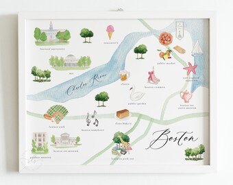 Impression de carte de Boston Massachusetts, art de carte aquarelle de Boston, carte de la ville illustrée, peinture à l'aquarelle, impression d'art de carte de Boston, imprimable